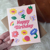 Happy Birthday Flowers & Cute Icons Spring Peach Card