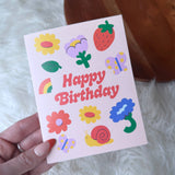 Happy Birthday Flowers & Cute Icons Spring Peach Card
